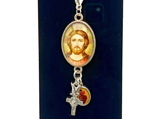 Christ Pantocrator unique rosary beads key fob purse clip with Sacred Heart and cross medals and Holy Spirit cross.