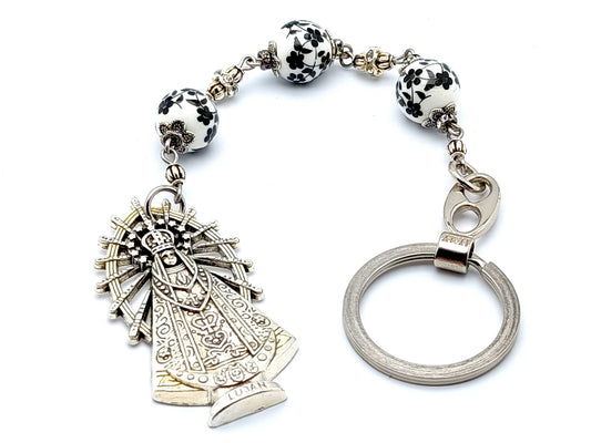 Three Hail Mary unique rosary beads prayer chaplet with floral porcelain beads, Our Lady of Juan medal and finger ring.