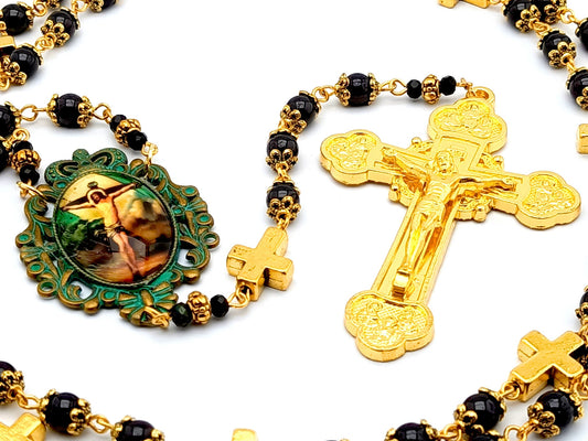 Stations of the Cross unique rosary beads prayer chaplet with garnet and gold cross gemstone beads, golden crucifix and verdi gris picture centre medal.
