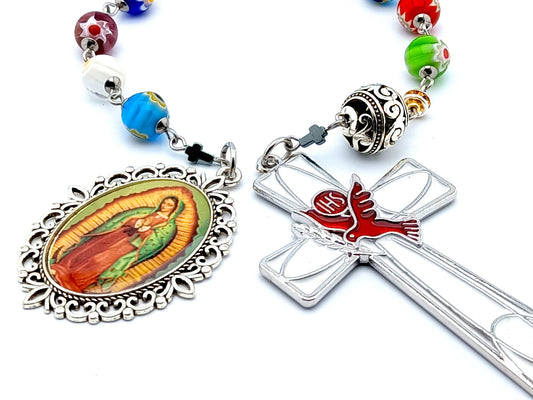 Our Lady of Guadalupe unique rosary beads single decade rosary with multicoloured millefleur glass and silevr beads, white Holy Spirit crucifix and silver poicture medal.