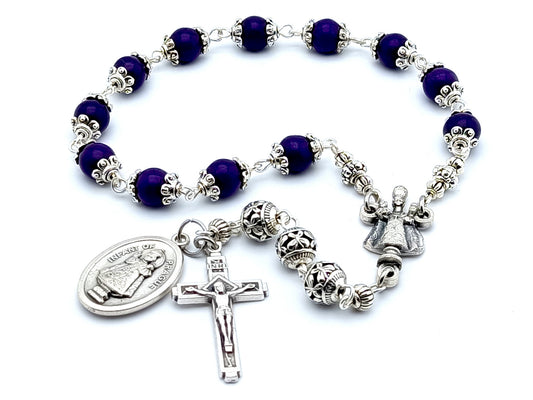 Infant of Prague unique rosary beads prayer chaplet with dark purple gemstone and silver beads, silver crucifix and centre medal.