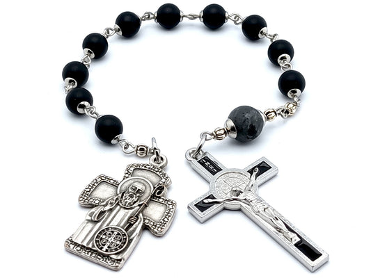 Saint Benedict unique rosary beads single decade rosary with onyx gemstone beads. Silver and black enamel crucifix and end medal.