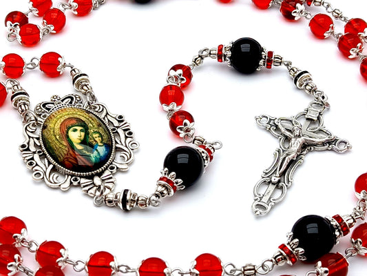 Our Lady of Perpetual Help unique rosary beads with red glass and onyx gemstone beads, silver filigree crucifix and picture centre medal.