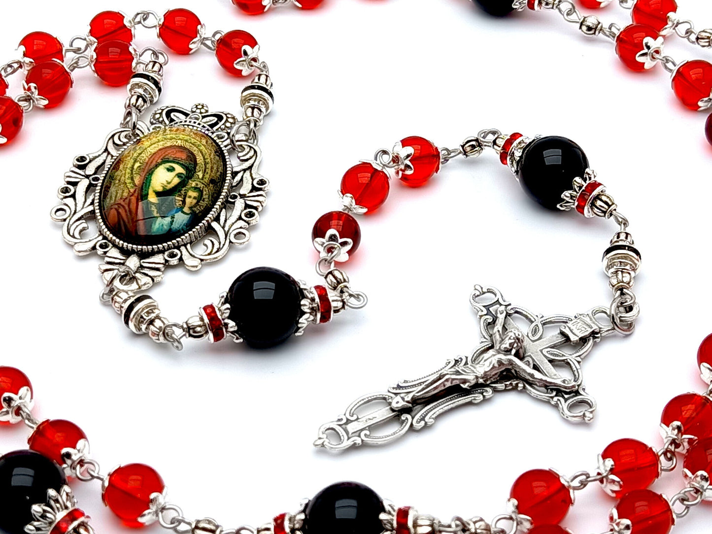 Our Lady of Perpetual Help unique rosary beads with red glass and onyx gemstone beads, silver filigree crucifix and picture centre medal.