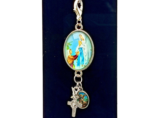 Our Lady of Lourdes unique rosary beads key fob purse clip with Saint Bernadette, Saint Michael and Scared Heart medals and lobster clasp.