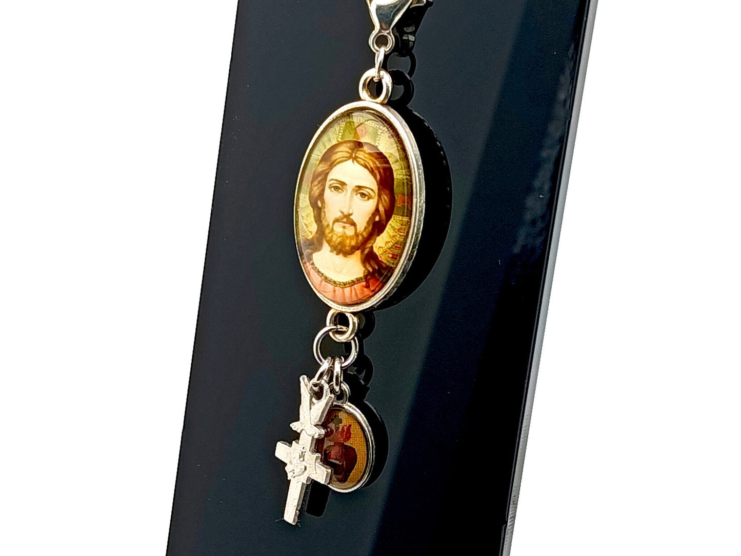 Christ Pantocrator unique rosary beads key fob purse clip with Sacred Heart and cross medals and Holy Spirit cross.
