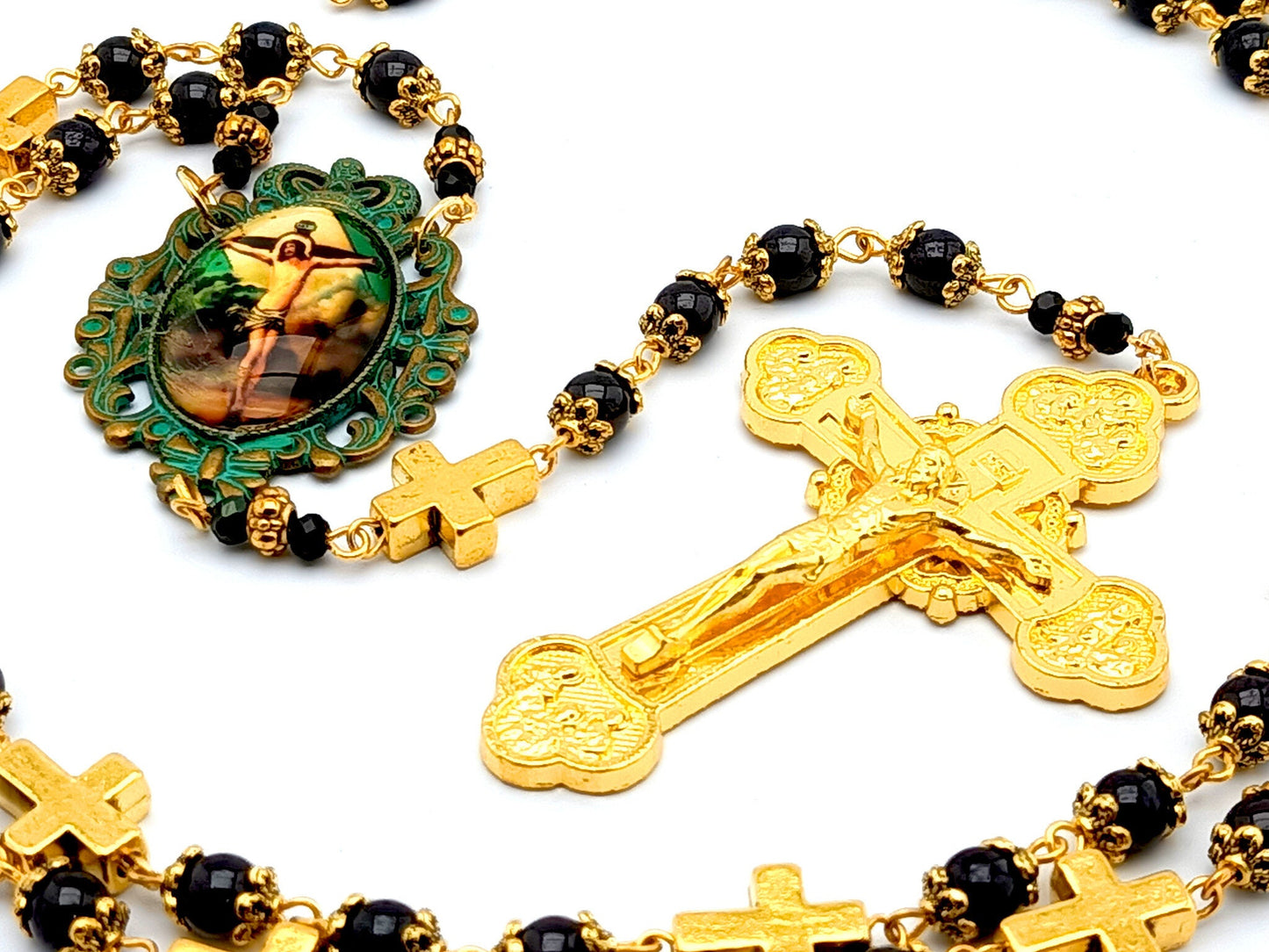 Stations of the Cross unique rosary beads prayer chaplet with garnet and gold cross gemstone beads, golden crucifix and verdi gris picture centre medal.