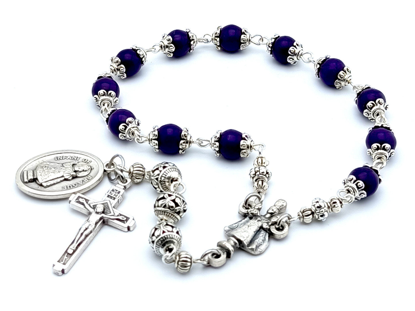 Infant of Prague unique rosary beads prayer chaplet with dark purple gemstone and silver beads, silver crucifix and centre medal.
