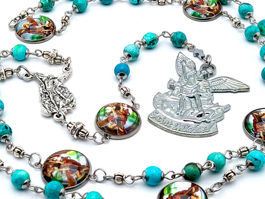 Saint Michael unique rosary beads prayer chaplet with turquoise gemstone and picture medal beads, silver centre and end medals