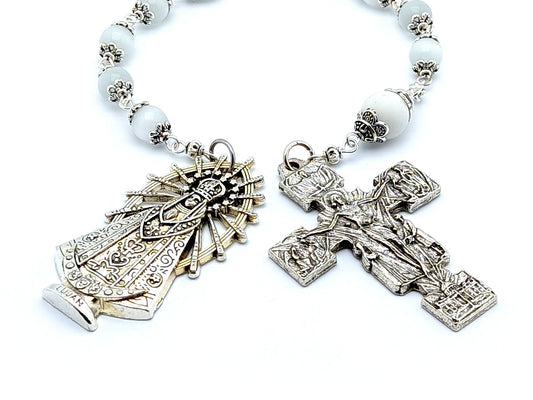 Our Lady of Charity unique rosary beads single decade rosary with opal and white gemstone beads, silver Holy Trinity crucifix and end medal.