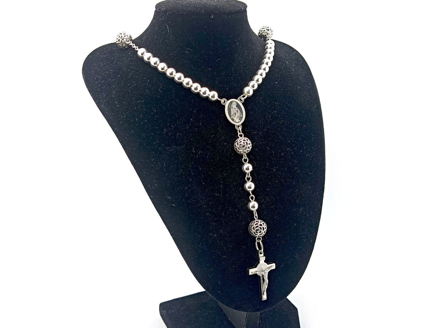 Our Lady of Grace unique rosary beads 925 sterling silver rosary necklace with stainless steel Saint Benedict crucifix and etched medal.