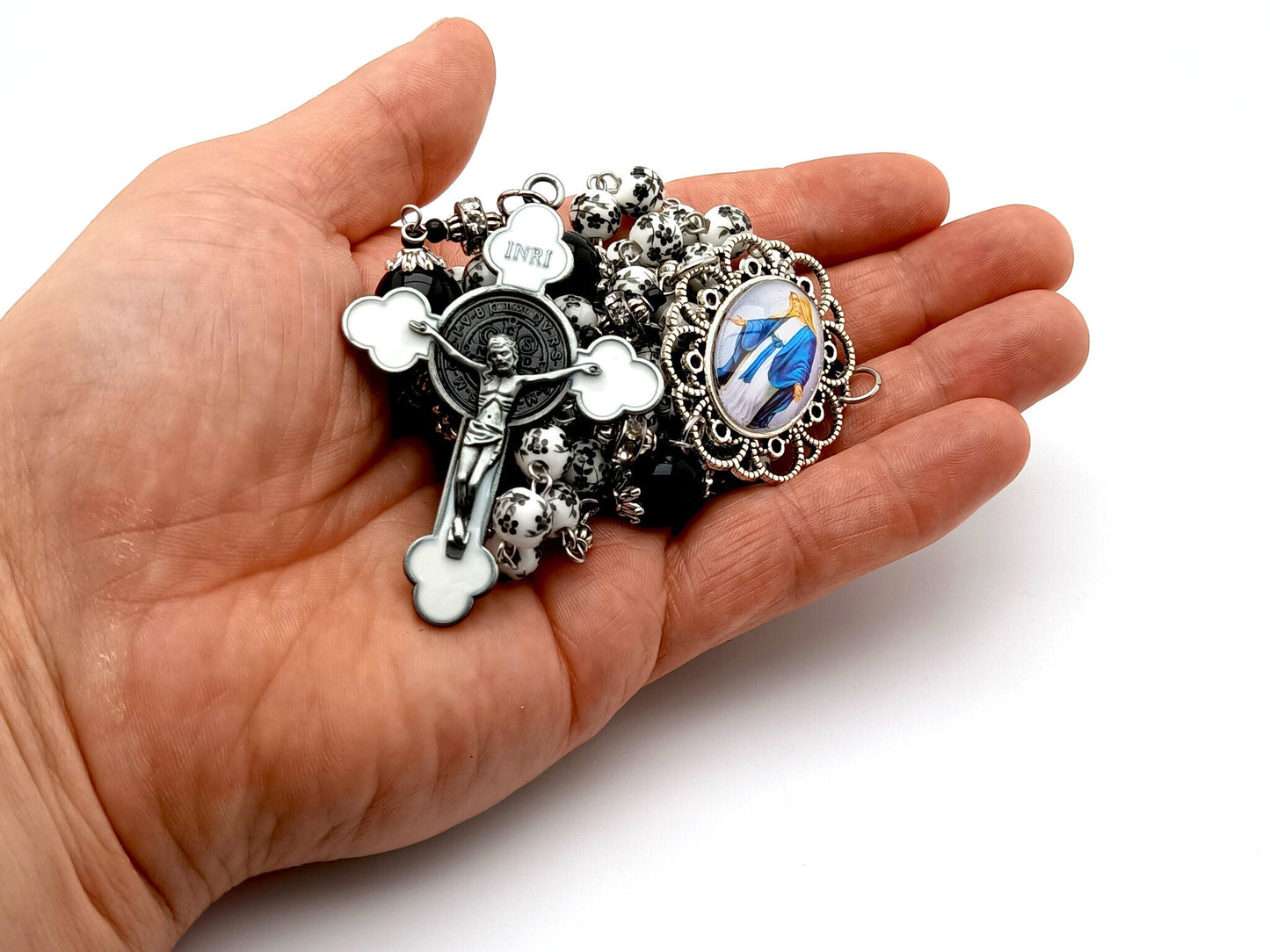 Our Lady of Grace unique rosary beads with black and white floral porcelain and onyx gemstone beads, black and white enamel crucifix and picture centre medal.