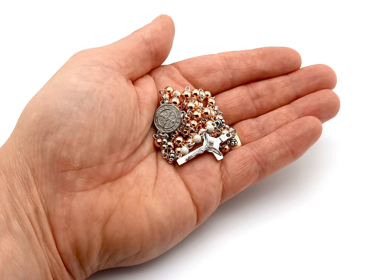 Saint Benedict unique rosary beads 925 sterling silver rose gold rosary bead necklace with stainless steel crucifix and centre medal.