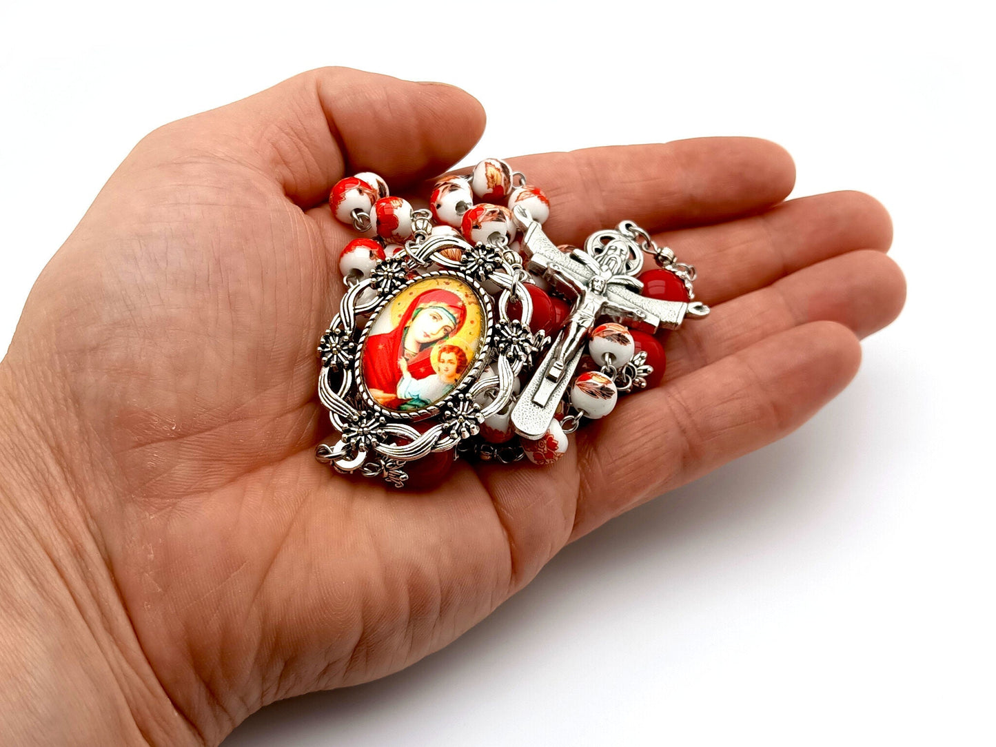 Our Lady of Perpetual Help unique rosary beads with red floral porcelain and red gemstone beads, silver Trinity crucifix and silver picture centre medal.