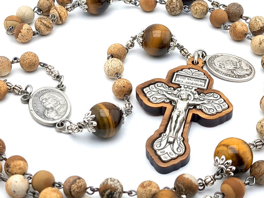 Saint Teresa of Calcutta unique rosary beads with natural and tigers eye gemstone beads, Pardon crucifix embedded in wood and metal centre medal.