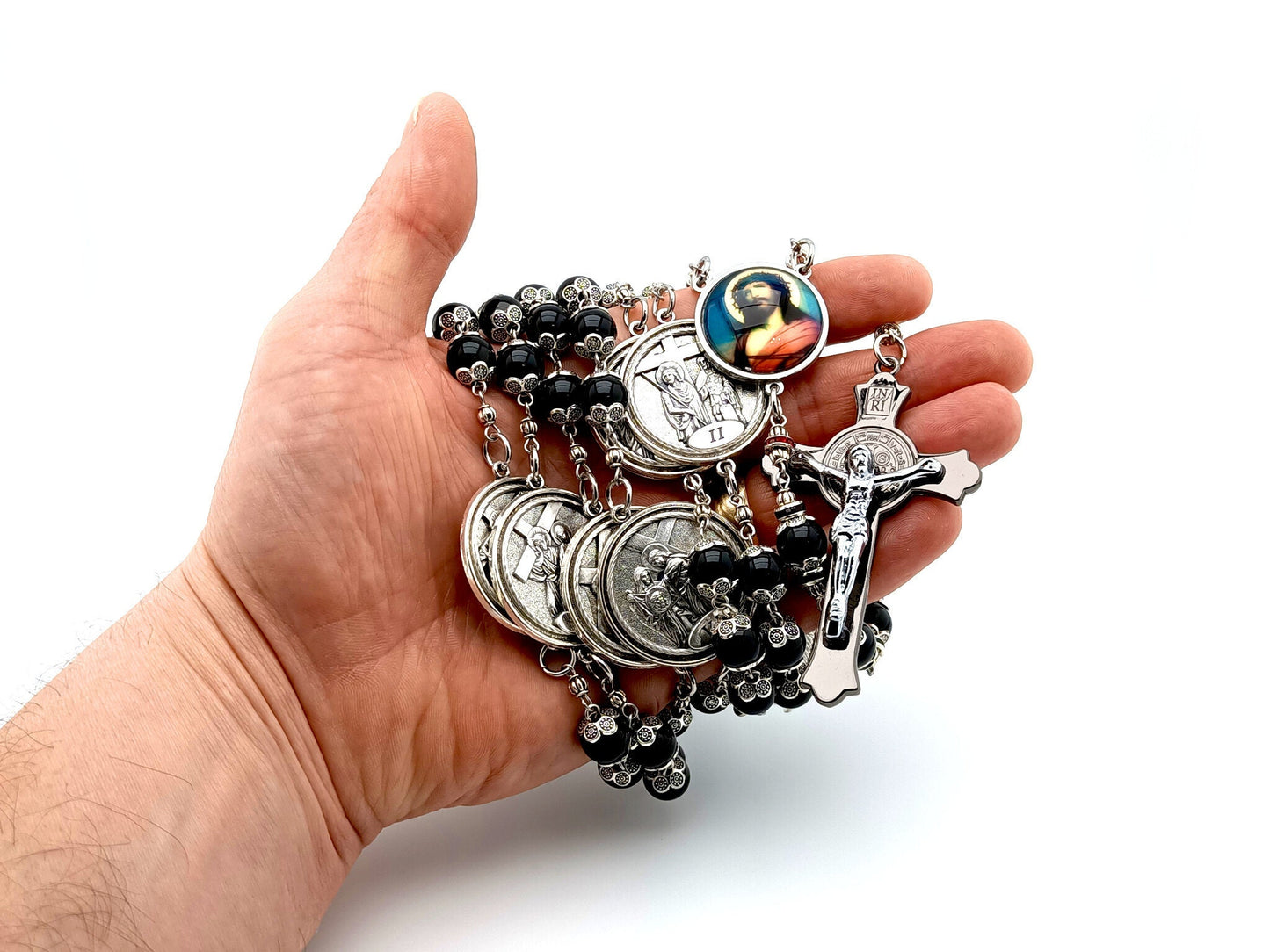 Way of the Cross unique rosary beads chaplet with onyx beads, silver picture medals, black Saint Benedict crucifix, picture centre medal and silver bead caps.