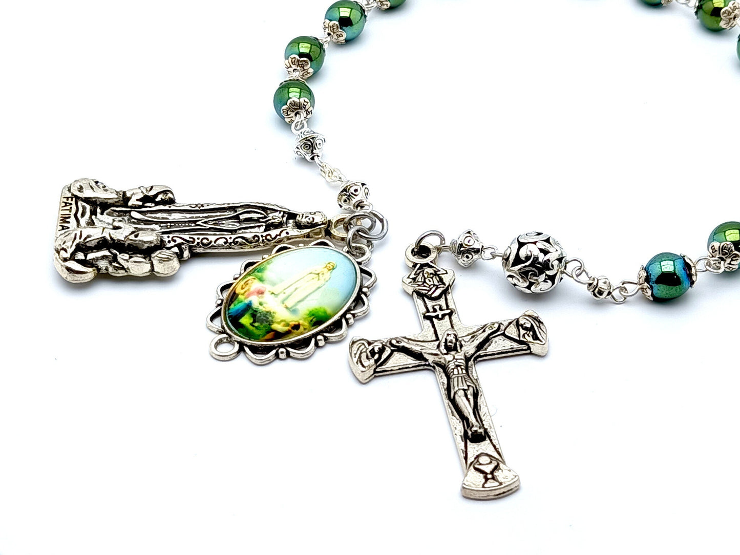 Our Lady of fatima unique rosary beads single decade rosary with green hemitite and silver beads, silver Holy Trinity crucifix and picture end medal.