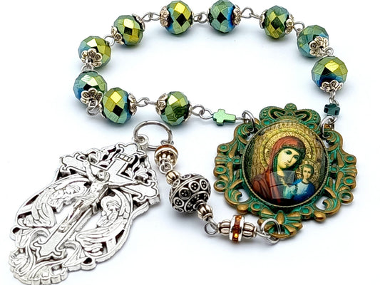 Our Lady of Perpetual Succor unique rosary beads single decade rosary with green faceted glass beads, silver two angels crucifix and verdigris picture centre medal.