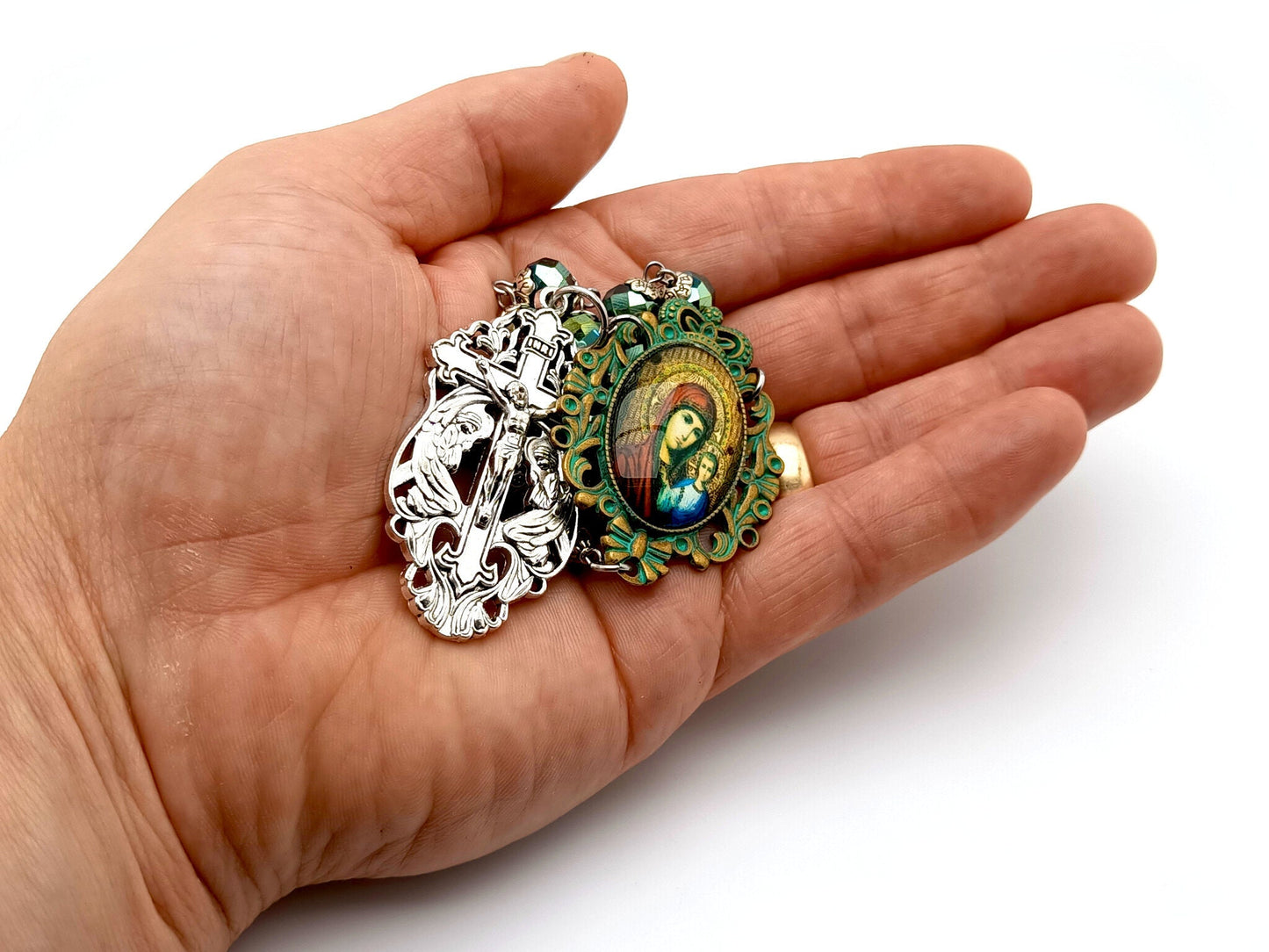 Our Lady of Perpetual Succor unique rosary beads single decade rosary with green faceted glass beads, silver two angels crucifix and verdigris picture centre medal.