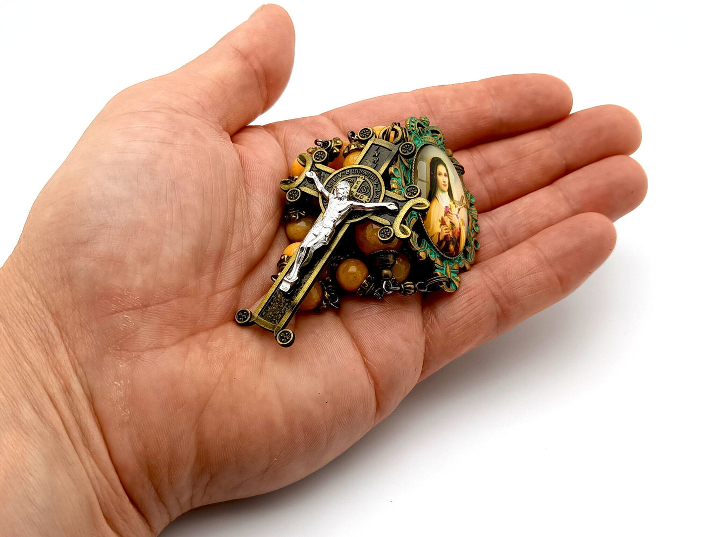 Saint Therese of Lisieux unique rosary beads prayer chaplet with yellow agate gemstone beads, bronze verdigris picture centre medal and bronze crucifix.