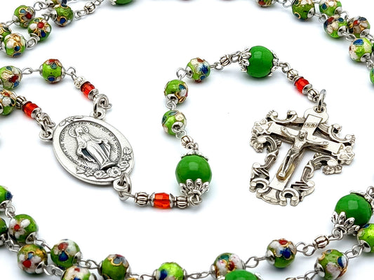 Miraculous medal unique rosary beads with cloisonne green enamel and howlite beads, filigree crucifix and miracluous medal floral centre medal.
