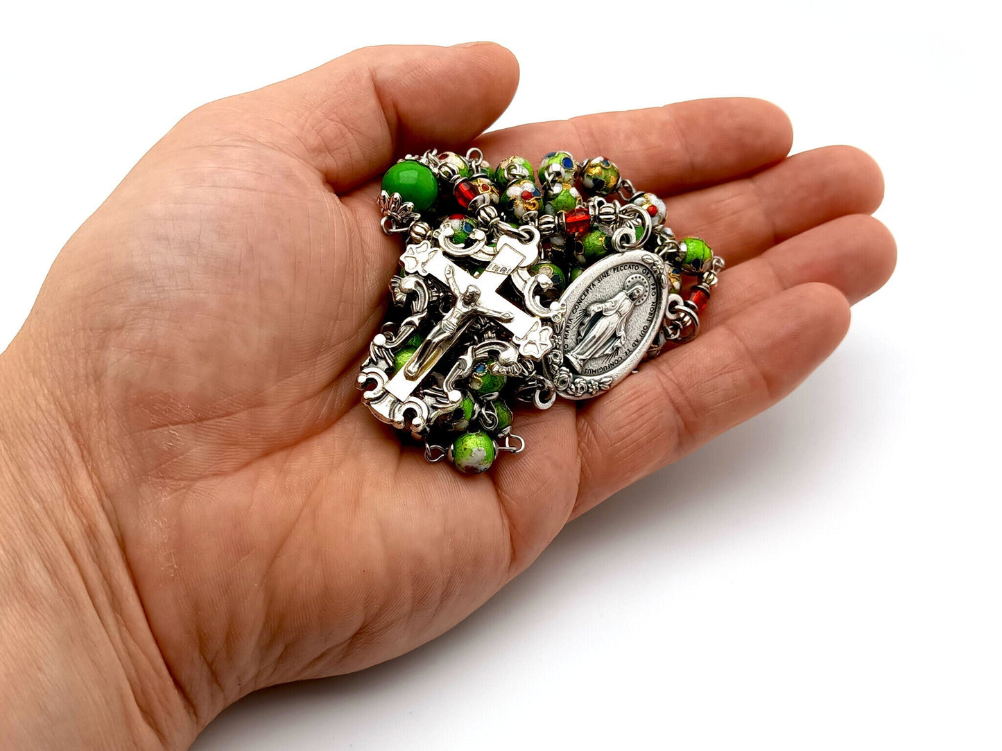 Miraculous medal unique rosary beads with cloisonne green enamel and howlite beads, filigree crucifix and miracluous medal floral centre medal.