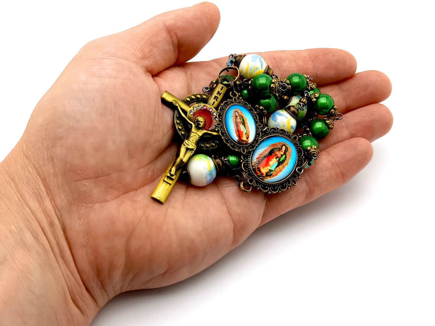 Our Lady of Guadalupe unique rosary beads prayer chaplet with green illusion glass and floral porcelain beads, brass and red enamel crucifix, picture centre and end medals.