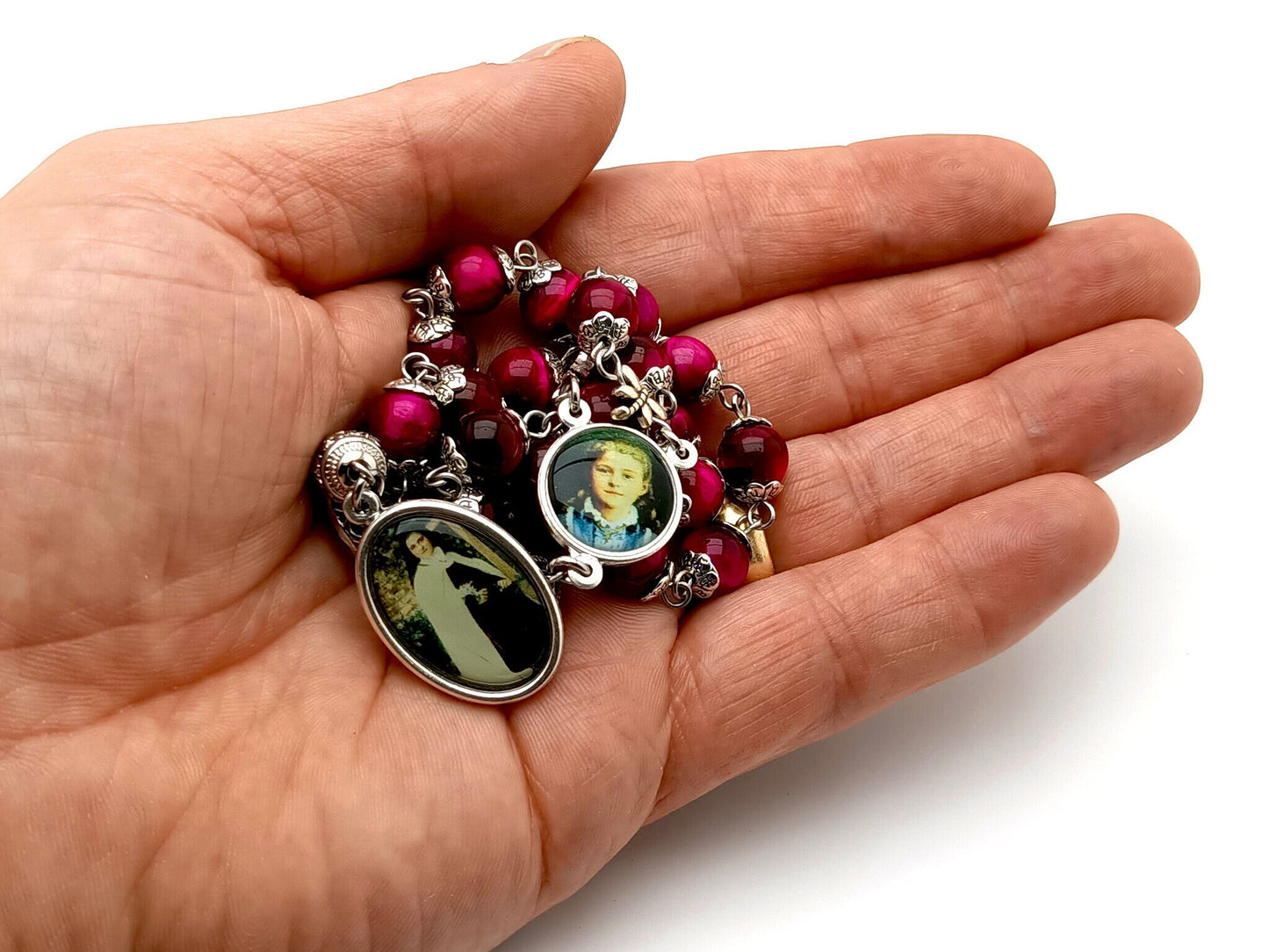 Saint Therese of Lisieux unique rosary beads prayer chaplet with pink tigers eye gemstone and silver beads, picture end and centre medals.