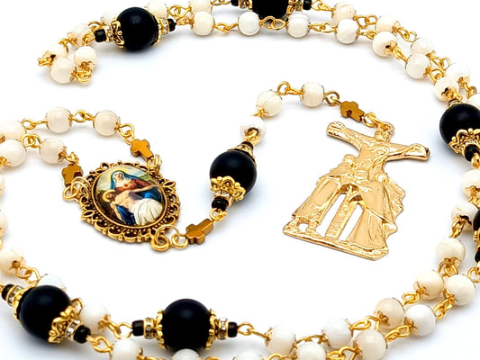 Our Lady of Sorrows unique rosary beads dolor rosary prayer chaplet with mother and pearl and black onyx gemstone beads and passion crucifix and picture centre medal.