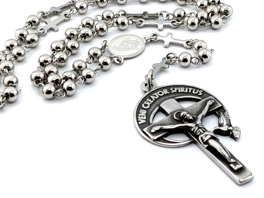 Holy Spirit unique rosary beads with stainless steel beads and cross linking beads, stainless steel crucifix and miraculous medal centre.