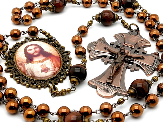 Sacred Heart unique rosary beads with bronze hematite and tigers eye gemstone beads, bronze crucifix and picture centre medal.