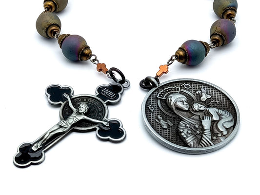 Our Lady of Perpetual Help unique rosary beads prayer chaplet with purple gemstone beads, pewter Our Lady end medal and black enamel crucifix.