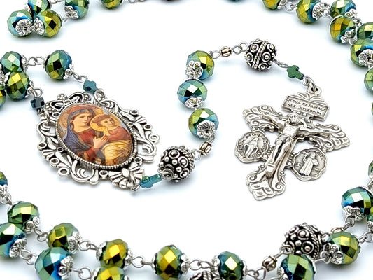 Our Lady of Perpetual help unique rosary beads with green glass and silver beads, pardon crucifix and picture centre medal.