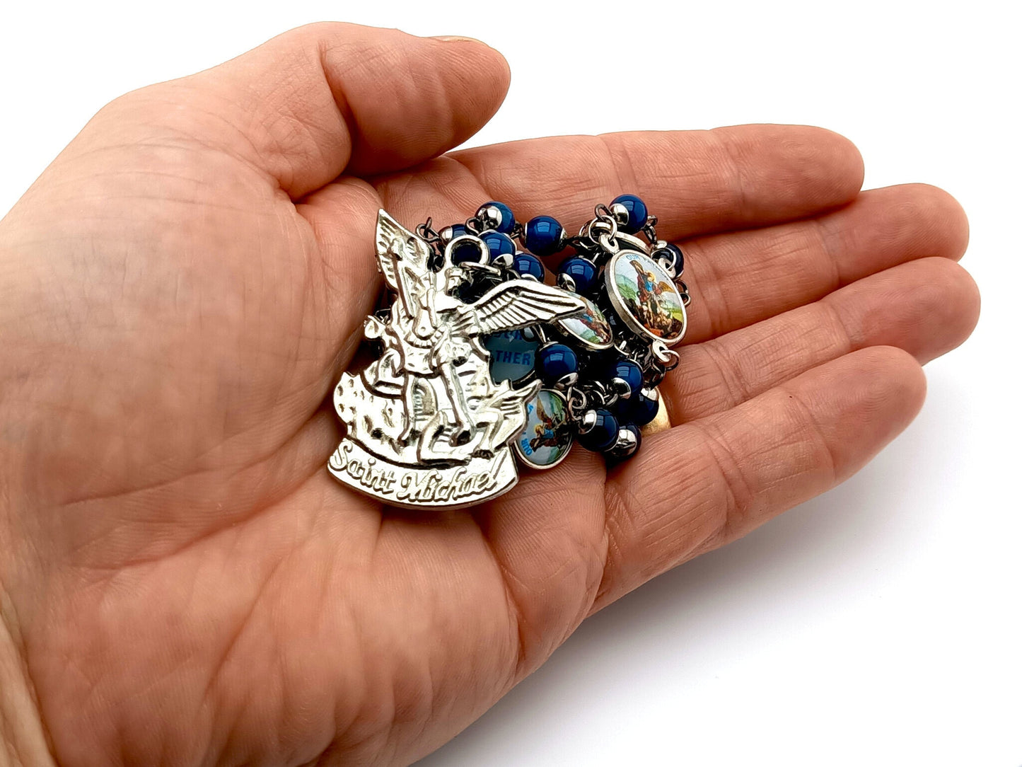 Saint Michael unique rosary beads prayer chaplet with blue agate gemstone and picture beads, St Michael picture centre medal and end medal.