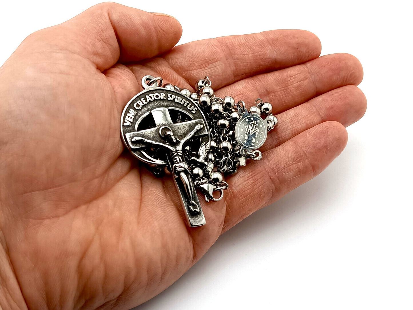 Holy Spirit unique rosary beads with stainless steel beads and cross linking beads, stainless steel crucifix and miraculous medal centre.