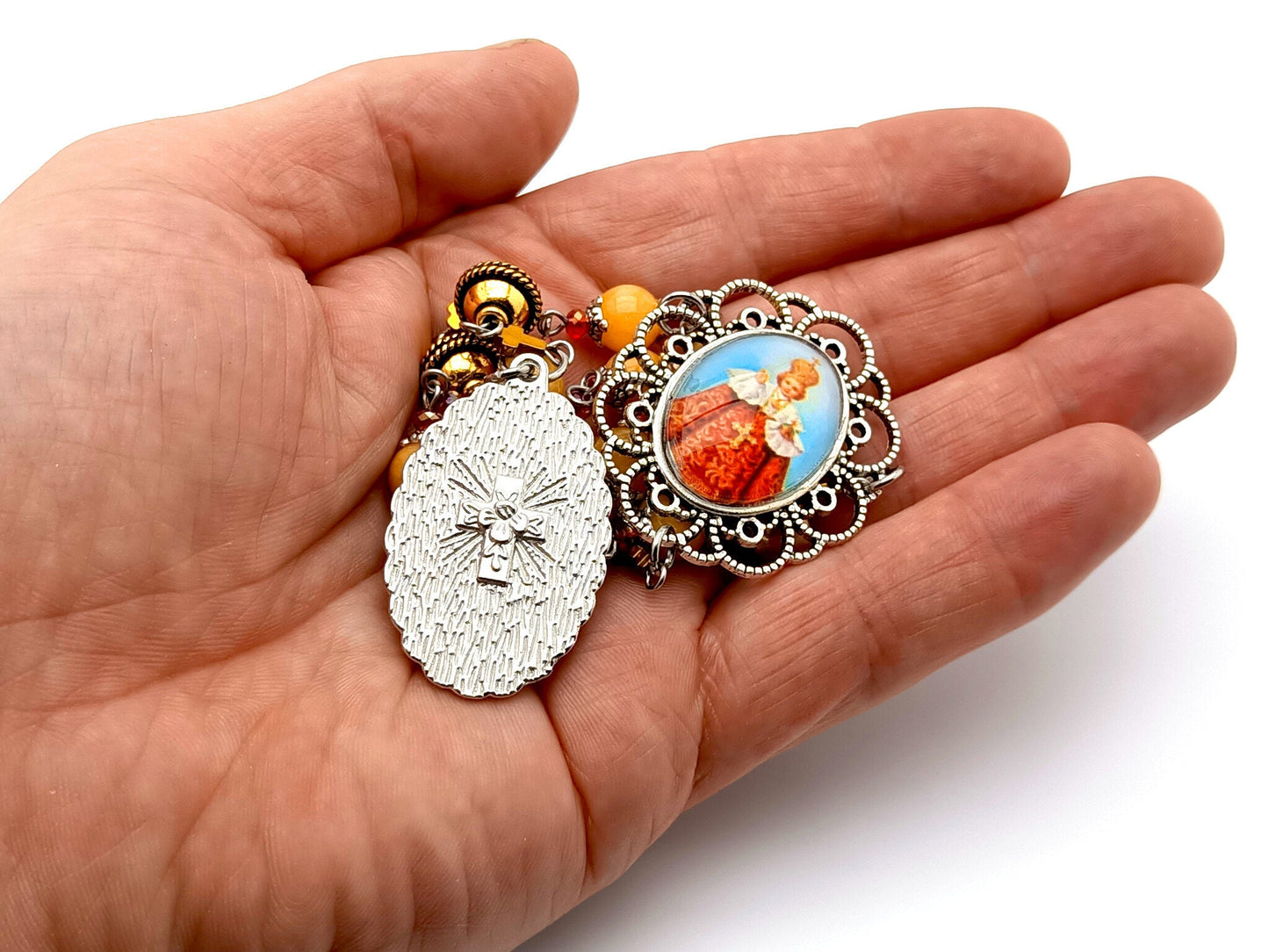 Infant of Prague unique rpsary beads prayer chaplet with agate gemstone beads, filigree picture medal and gold Bali beads.