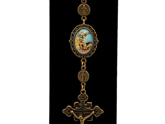 Saint Michael unique rosary beads purse clip keychain with picture medal and linking brass Saint Benedict medals and a brass crucifix.