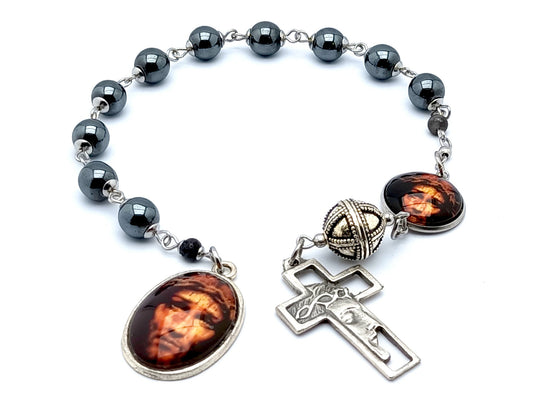 Holy Face of Jesus unique rosary beads hematite gemstone single decade rosary beads with Crowning with Thorns cross.