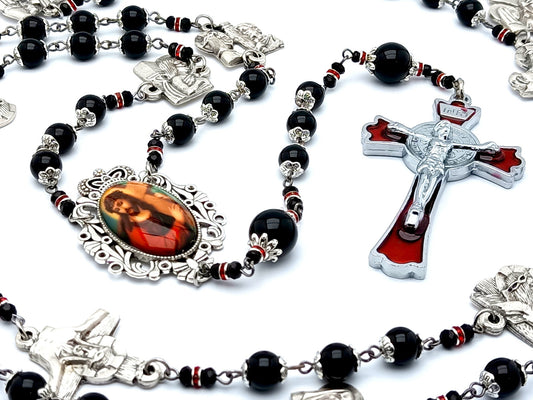 Stations of the Cross unique rosary beads onyx gemstone prayer chaplet with red enamel Saint Benedict stainless steel crucifix.