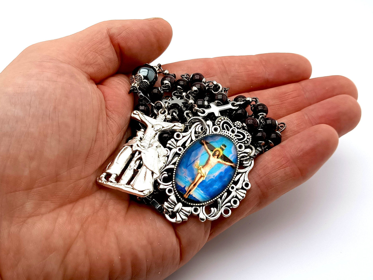 Stations of the Cross unique rosary beads garnet gemstone prayer chaplet with Saint John and Virgin crucifix with stainless steel cross beads.