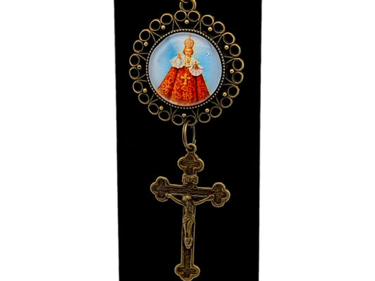 Vintage style Infant of Prague unique rosary beads purse clip key chain with brass crucifix.