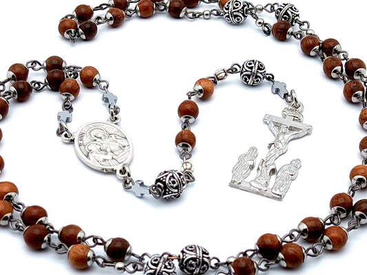 Saint Anne wooden unique rosary beads with Bali beads and two Marys and Saint John at the foot of the cross crucifix