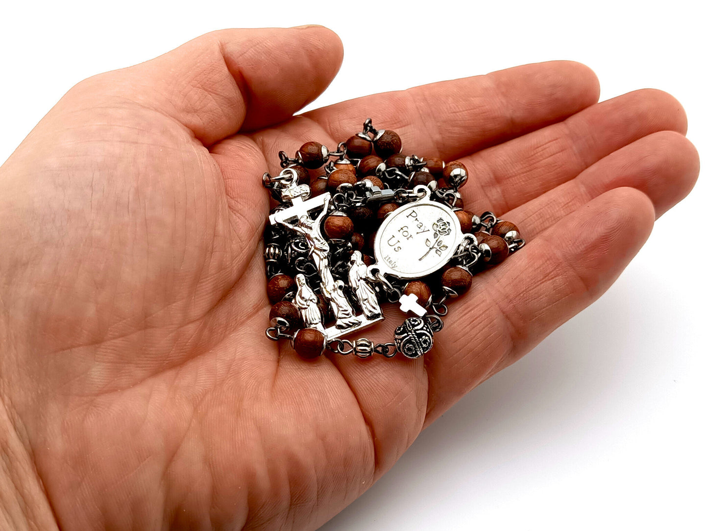 Saint Anne wooden unique rosary beads with Bali beads and two Marys and Saint John at the foot of the cross crucifix