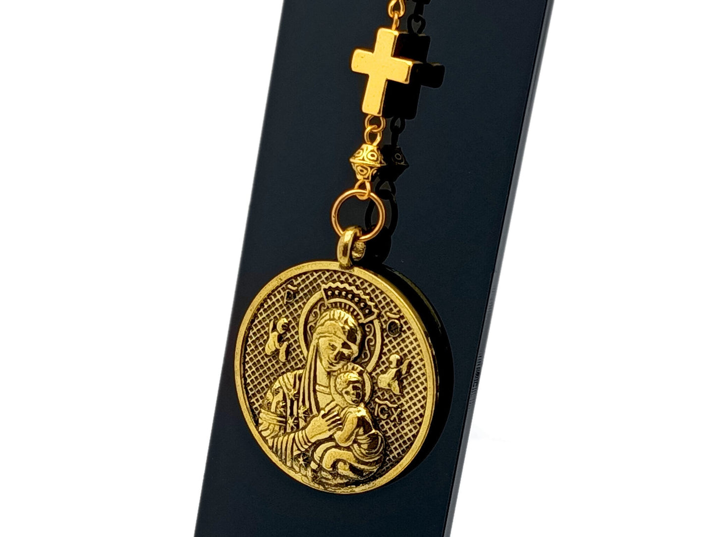 Antique gold Our Lady of Perpetual Help unique rosary beads purse clip key chain with linking gold cross.