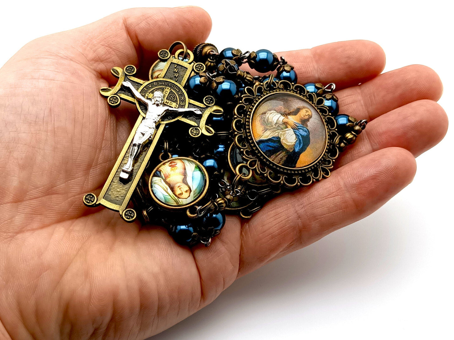 The Annunciation of Mary unique rosary beads pearlised glass vintage style rosary beads with brass and silver Saint Benedict crucifix.