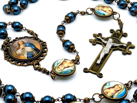 The Annunciation of Mary unique rosary beads pearlised glass vintage style rosary beads with brass and silver Saint Benedict crucifix.