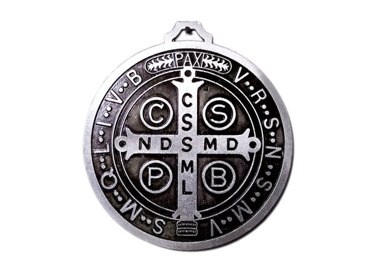 Saint Benedict unique rosary beads pewter coloured wall mounted medal.