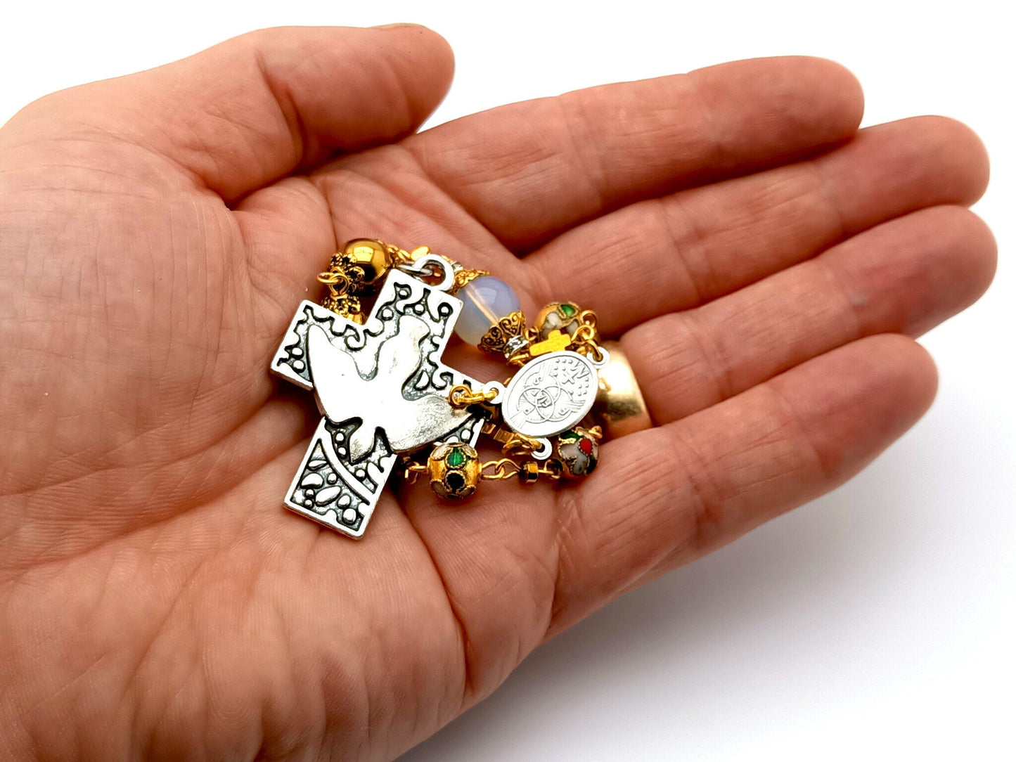 Holy Spirit unique rpsary beads prayer chaplet with cloisonne and hematite gemstone beads and Holy Spirit centre and cross.