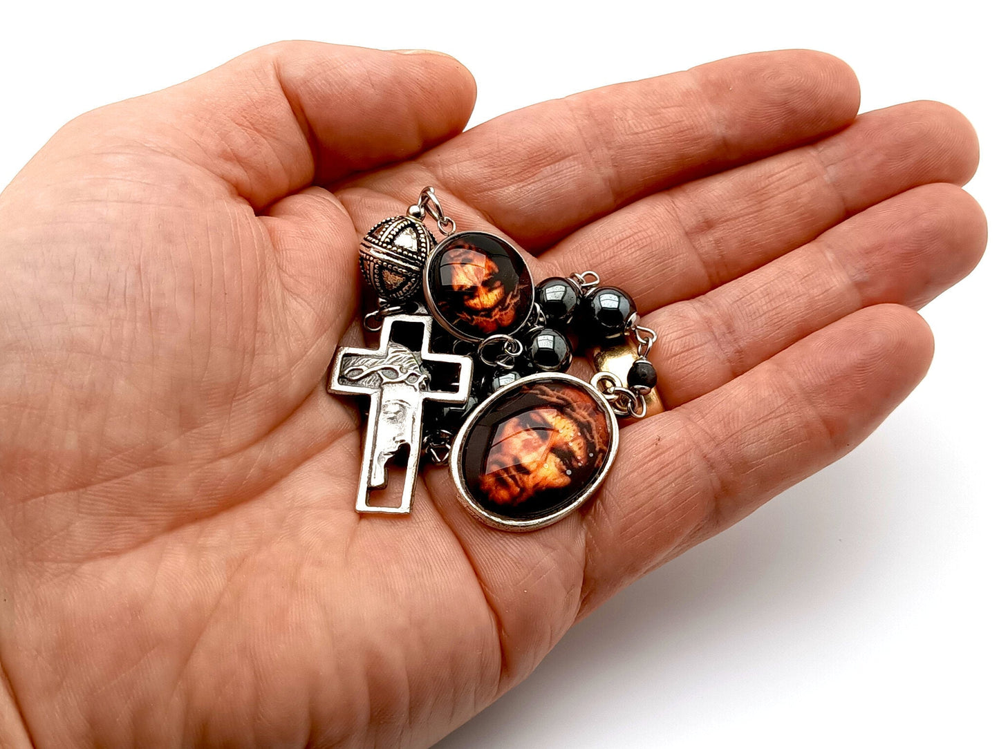 Holy Face of Jesus unique rosary beads hematite gemstone single decade rosary beads with Crowning with Thorns cross.