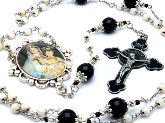 Crowned Virgin And Child unique rosary beads mother of pearl and onyx gemstone rosary beads with black enamel and pewter Saint Benedict crucifix.
